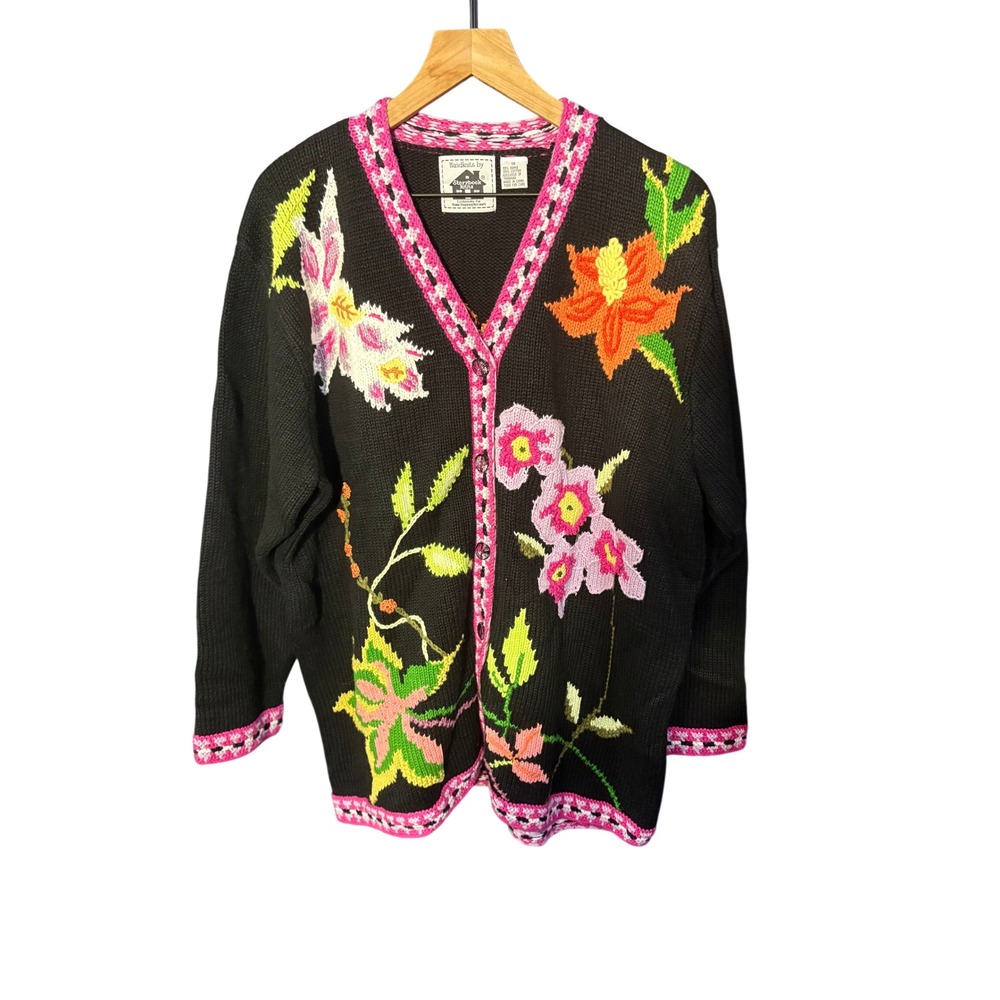 Storybook Knits Floral Beaded Hand Knit Cardigan Sweater Black Pink 1X Floral